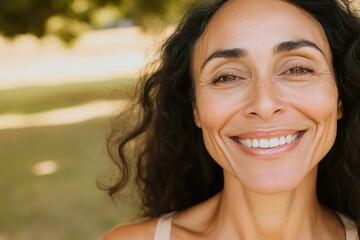 Fototapeta premium Smiling woman with curly hair radiates warmth, joy, and confiden