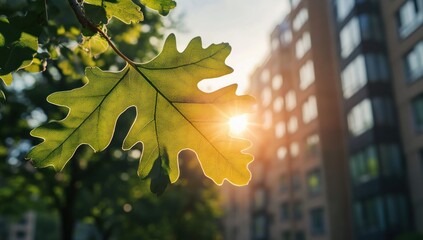 Sunlit Oak Leaf Against Urban Skyline: A Glimpse of Nature in the City