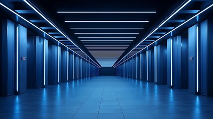 Long Blue Neon Lit Tunnel with Modern Architecture