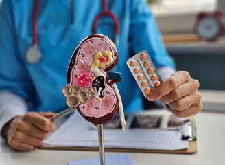 Doctor demonstrates kidney model while discussing medication