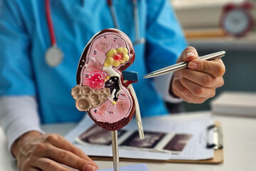 Doctor holds a plastic mock-up of a human kidney, closeup