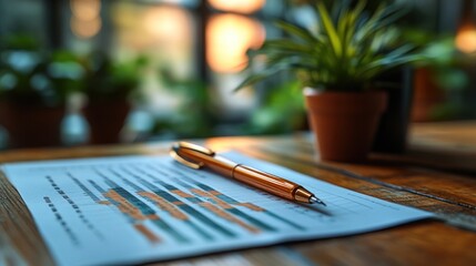Fototapeta premium Financial Report Analysis: A Close-Up of Charts and Pen on Wooden Desk