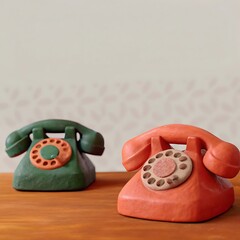 Two Retro Toy Telephones on Wooden Tabletop Against Neutral Background