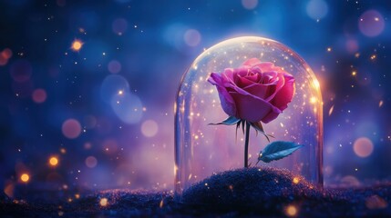 Beautiful pink rose enclosed in glass dome with glowing lights in a dreamy setting at night. Generative AI
