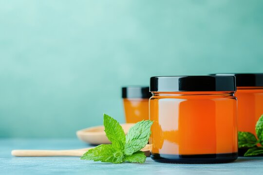 Bright orange jars filled with jam, surrounded by fresh mint lea