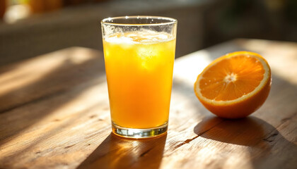Fototapeta premium a glass of orange juice on a wooden table