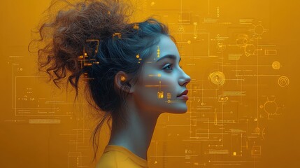 Young Woman Profile with Abstract Digital Overlay