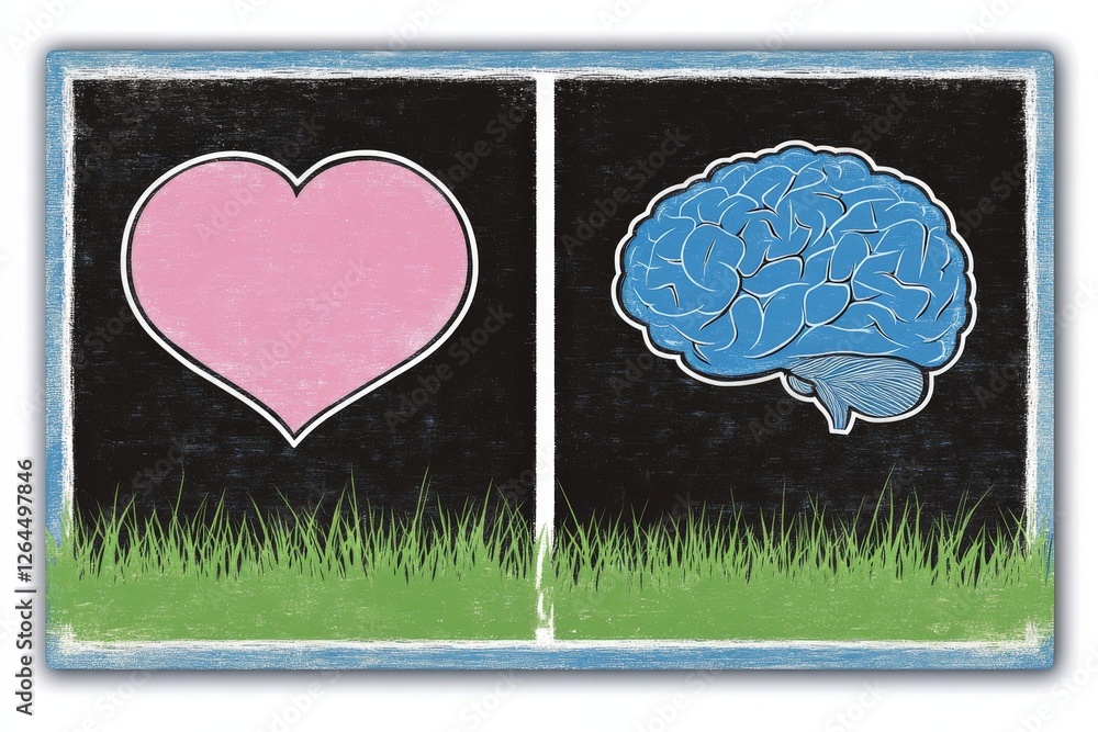 Poster conceptual split design of a heart and brain against contrasting grassy and chalkboard backgrounds, 