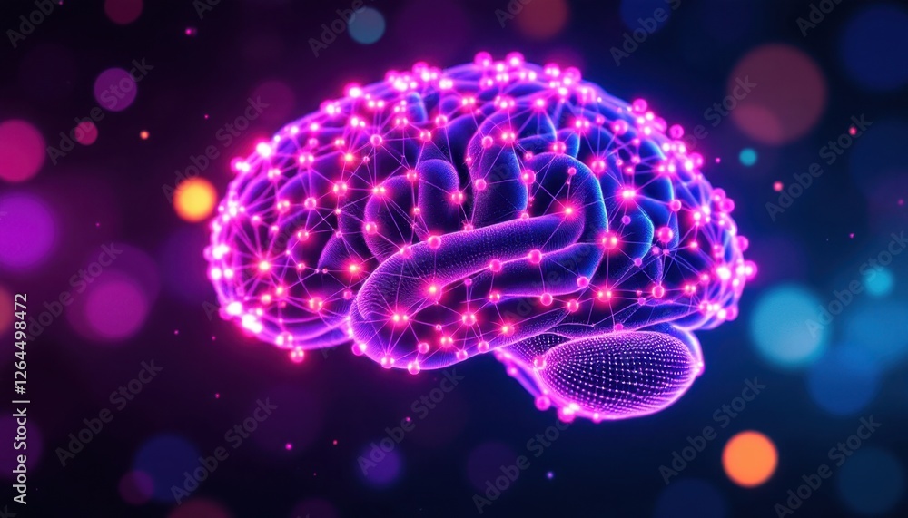 Poster glowing digital brain with neural connections on colorful background