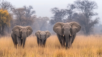 Obraz premium Elephant Family Majestic Walk Through Tall Golden Grass Savannah in Africa Wildlife Photography