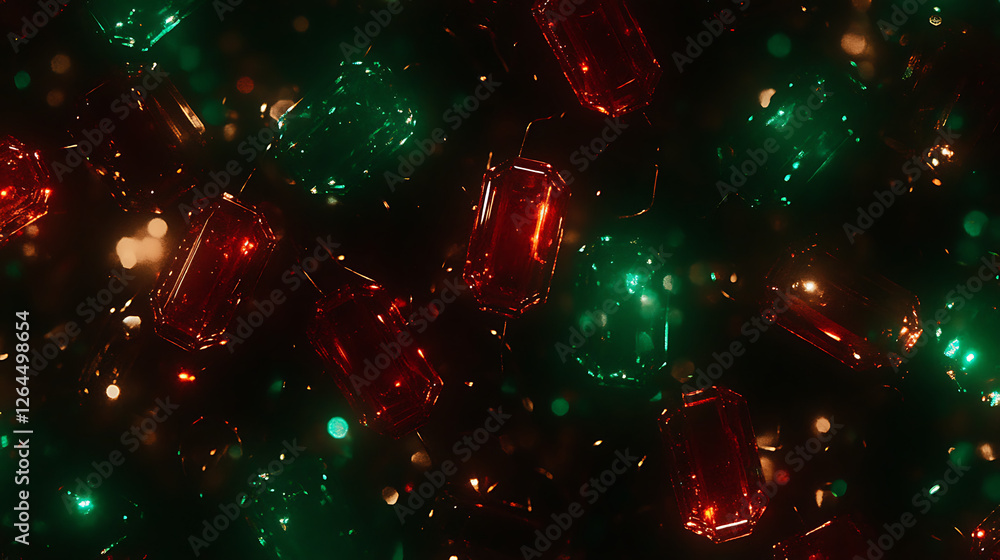Poster emerald and ruby crystal ornaments sparkling with light reflecting from facets on dark background