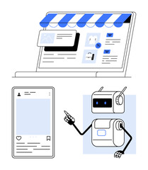 Laptop with e-commerce site, smartphone with social media feed, and robot pointing toward elements. Ideal for online shopping, social media, AI assistants, e-commerce, digital marketing, technology