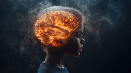 A glowing x ray like image of the human brain surrounded by a mysterious smoky atmosphere symbolizing the complexity creativity and cognitive processes of the mind