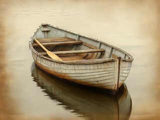 Obraz premium A Rowboat Tied to a Wooden Dock with Oars Resting Inside on a Muted Brown Background.