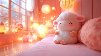 Obraz premium Adorable Plush Lamb in a Cozy Room with Warm Lights