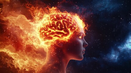 A digital artwork closeup portrait of a human with a brain exposed, surrounded by vibrant flames, cosmic elements, galaxies and ethereal fog. Spirituality higher states of consciousness illustation.