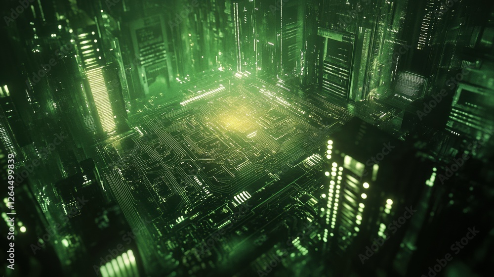 Poster circuit board with softly shimmering pathways and glowing chips
