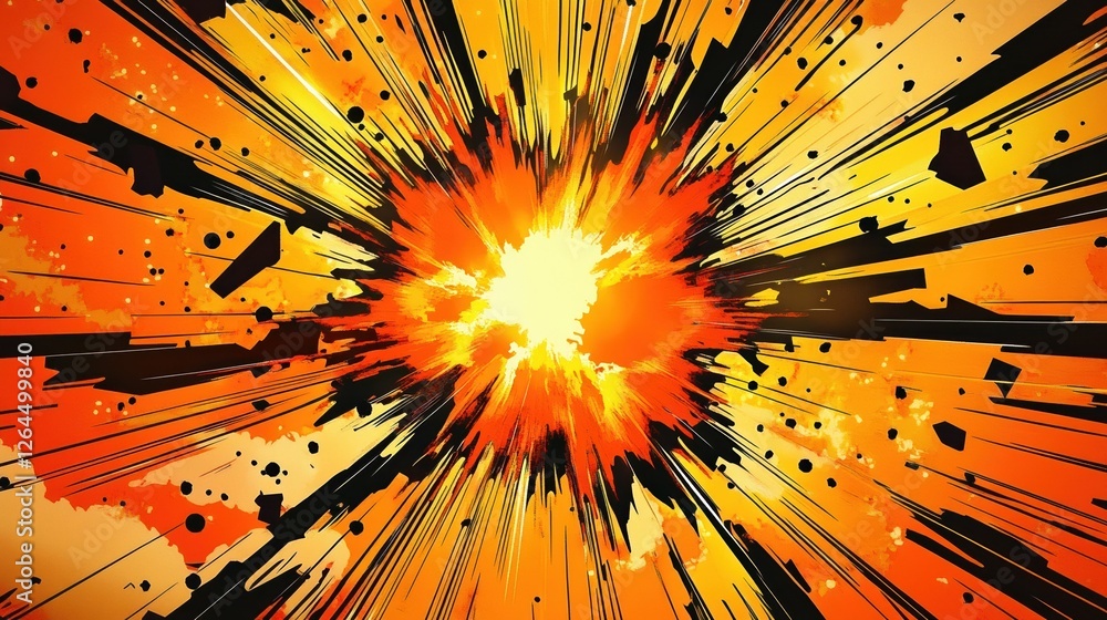 Poster dynamic yellow and orange starburst background with halftone, creating a bold comic-style visual.