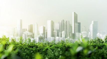 Fototapeta premium Sustainable urban design project concept featuring a green cityscape in a minimalist style with copy space on the side.