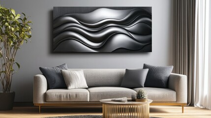 Abstract wavy line art with metallic accents for modern and corporate spaces, metal, space, design, waves, lines