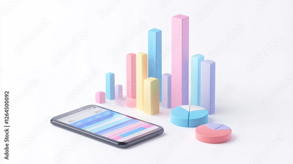 Poster 3d illustration. bar graph and pie chart on smartphone. business statistic concept. isolated white b