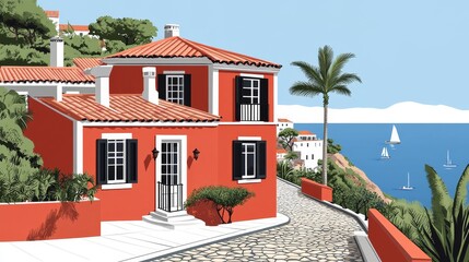 Fototapeta premium Mediterranean Coastal Villa Scenic Red House Ocean View Hillside Home Architecture