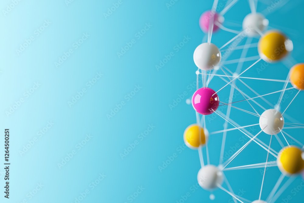 Poster molecular structure with colorful spheres on blue background, representing business blockchain effic