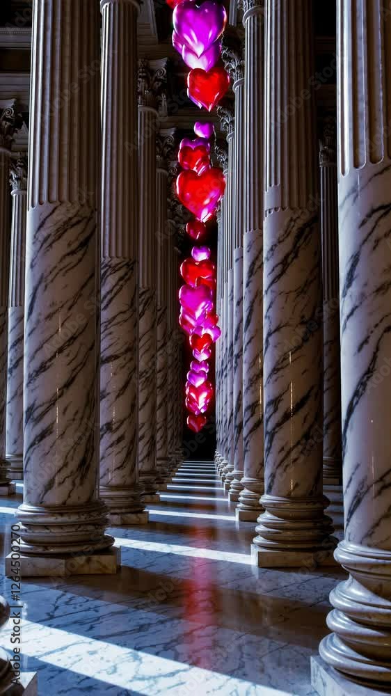 Poster surreal composition of glowing red hearts floating along a grand colonnade.