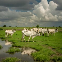 Obraz premium White Cattle Under Storm Clouds: A herd of majestic white cattle, with distinctive horns, graze in a verdant field. The dramatic sky, filled with large, puffy storm clouds.