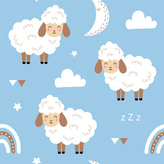 Seamless pattern with cute sheep, moon, star, rainbow and cloud for your fabric, children textile, apparel, nursery decoration, gift wrap paper, pajamas. Vector illustration