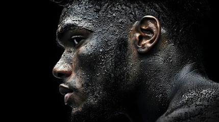 Mud-covered man, profile view, dark background, strength