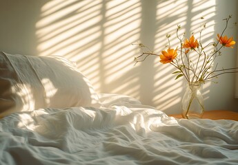 Sunlight and Shadows on White Linen Bedding