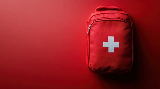 Red first aid kit bag with white cross on solid red background