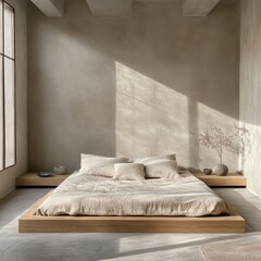 A serene minimalist bedroom showcases a platform bed bathed in sunlight