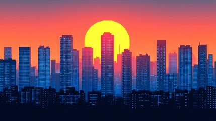 Fototapeta premium Sunset Metropolis Skyline Digital Art Vibrant Cityscape Urban Landscape Illustration