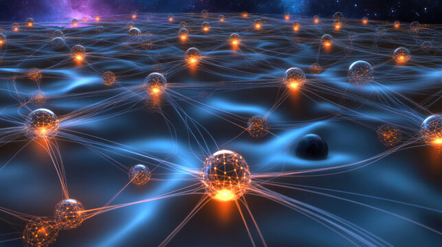 An abstract glowing grid of stars and planets, symbolizing the precision of universal space measurement.