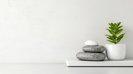 Zen stones, plant, white background, calm scene, spa