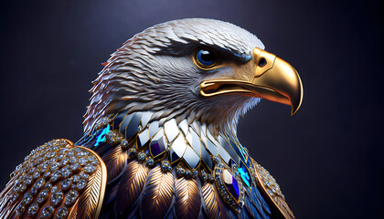 A majestic American bald eagle, intricately designed from sparkling diamonds, sapphires, rubies, and other gems with beautiful light in background