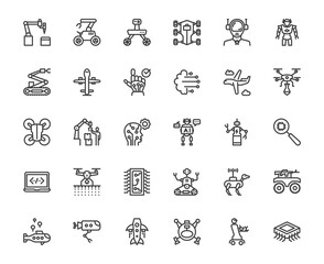 Simple outline icon set of robot machine artificial intelligence automated innovation, arm, factory, production and related things, technology develop and future engineering robotic concept