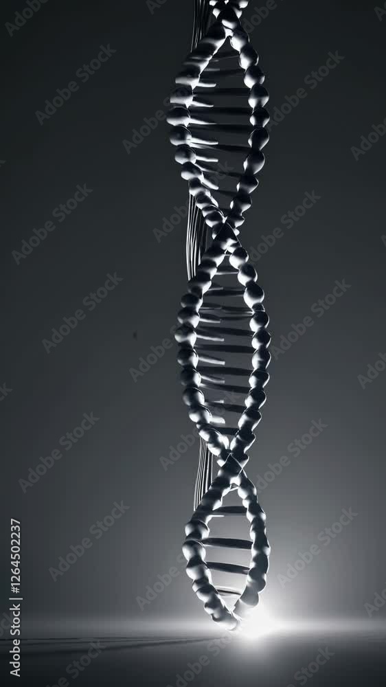 Poster futuristic 3d visualization of dna strands floating in a dark blue environment.