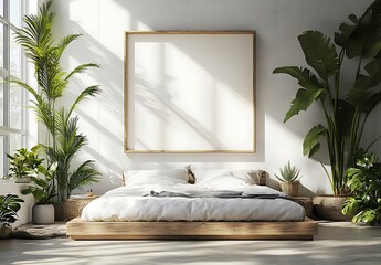 Sunlight Bedroom Wooden Platform Bed, White Bedding
