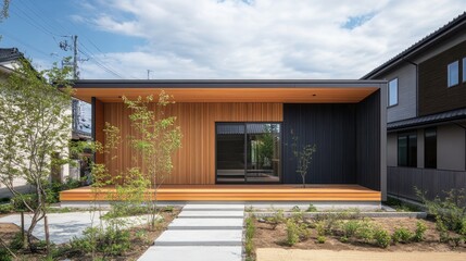 Modern home exterior featuring wood and dark metal cladding