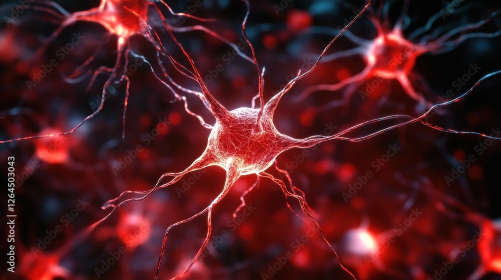 Poster abstract red tech background dynamic network system artificial neural connections digital illustrati