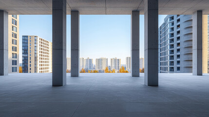 Fototapeta premium modern architectural view showcasing concrete pillars and urban buildings, creating sense of spaciousness and tranquility