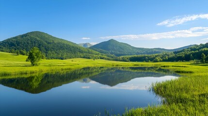 Serene Landscape with Mountain Reflection in a Calm Lake