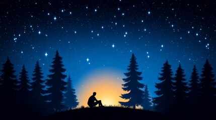 Starry night sky with silhouetted hiker under glowing constellations and pine trees in dramatic wilderness digital art for immersive nighttime inspiration