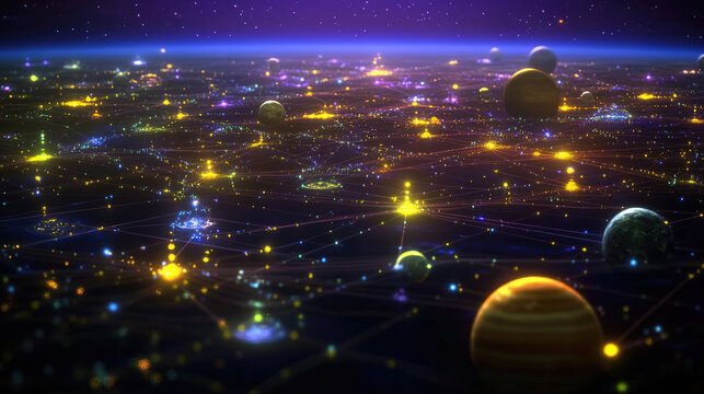 An abstract glowing grid of stars and planets, symbolizing the precision of universal space measurement.