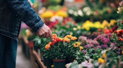 Person selecting vibrant flowers at a colorful garden center or flower market.