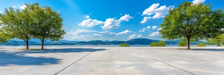 Empty Asphalt Parking Lot with Green Trees and Lake on a Sunny Day