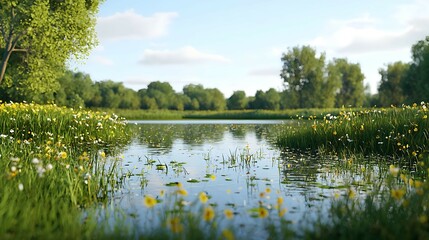 Fototapeta premium Serene Summer Lake Landscape with Blooming Wildflowers